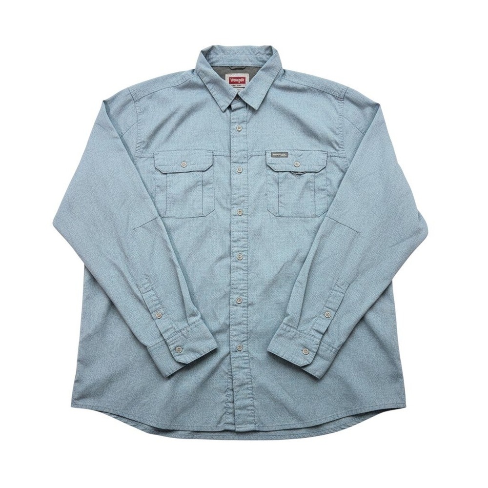 Wrangler Mens‎ Shirt XL Outdoor Series Blue Polyester Vented Stretch Regular Fit